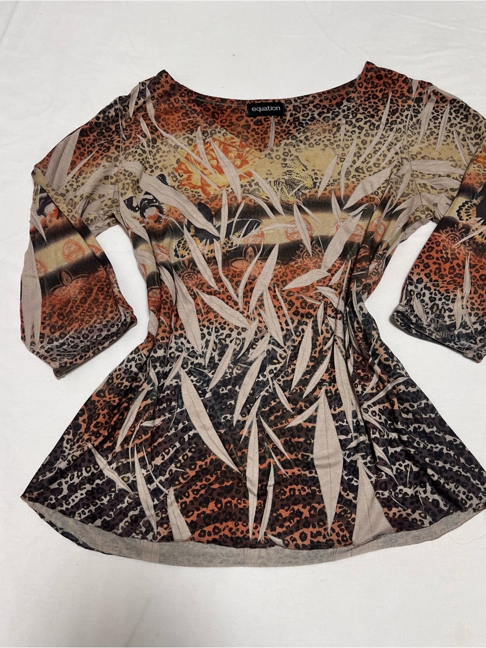 Equation Women's Orange Brown Animal Print Scoop Neck Top